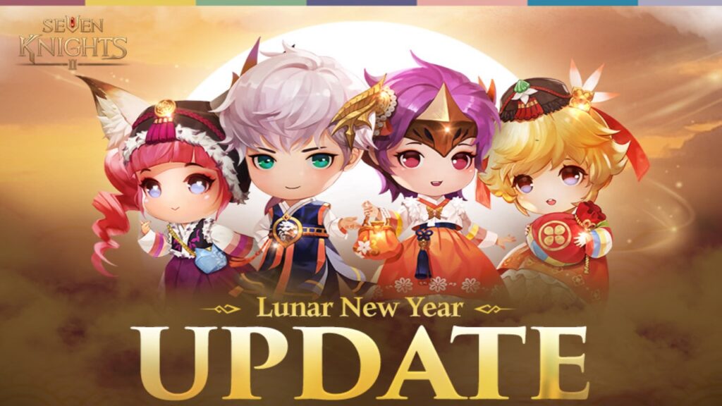The featured image for our Seven Knights 2 New Update news article, featuring four Seven Knight 2 characters standing infront of the sun, looking towards the camera. Infront of them is a graphic reading "Update".