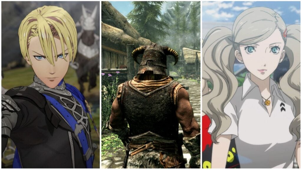 Feature image for our Skyline Android emulation news post. It shows screenshots from Fire Emblem: Three Houses, Skyrim, and Persona 5: Royal, with major characters form each.