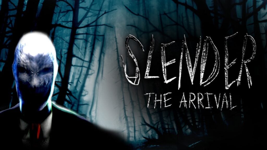 The poster features Slender Man towards the left of the picture looking towards the camera. He is standing in a forest. To the right of the antagonist is the graphics: Slender: The Arrival.