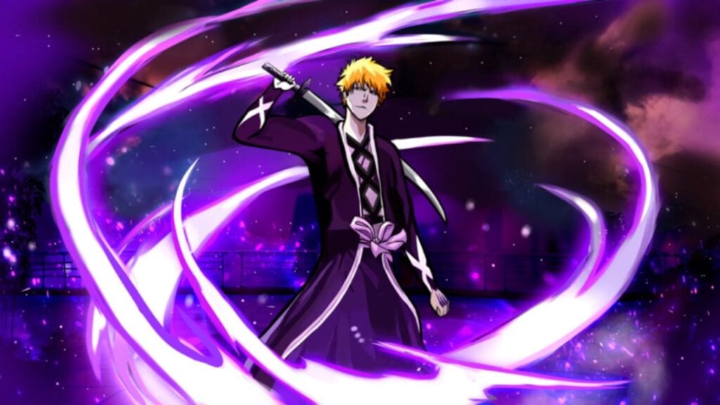Feature image for our Soul War codes guide. It shows the character Ichigo from the anime Bleach, surrounded by purple energy.