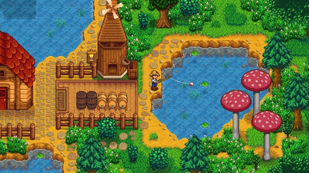 The feature image for our Stardew Valley 1.5 Android news, showing a character fishing by a pond next to a patch of huge mushrooms.