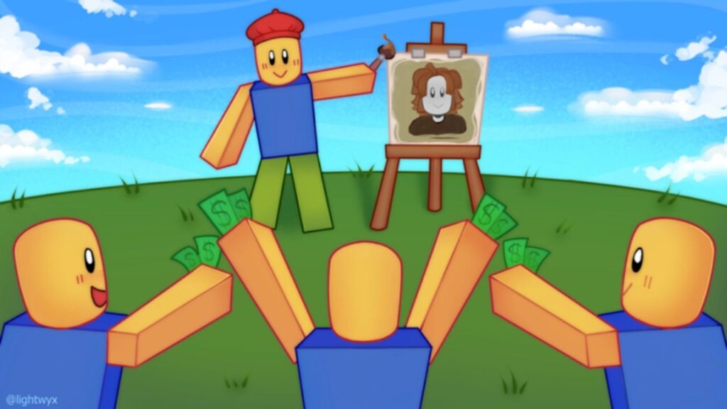 Feature image for our Starving Artists codes guide. It shows a Roblox character stood by a painting while other characters wave cash in from of them.