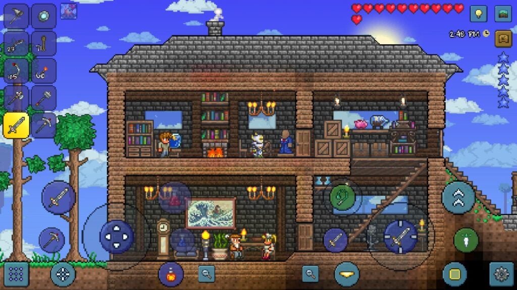 A screenshot from the game Terraria. The image features a huge house, with five Terraria characters spread out across the different floors. Outside, there are some trees, and it's a sunny day with some clouds in the sky.