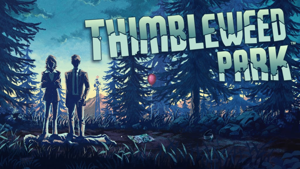 The poster for Thimbleweed Park. The image features a man and women investigating a dead body. Evening light is shining coldly on their backs, as their faces and the forest that they stand in are darkened. 