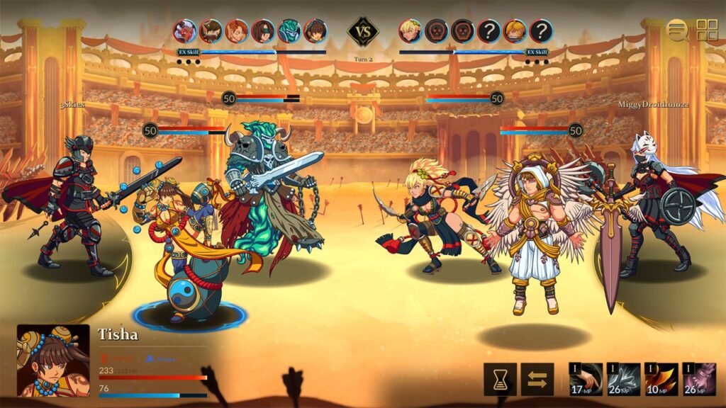 Feature image for our Three Skies tier list. It shows a PVP battle with two teams of heroes facing off in an arena.