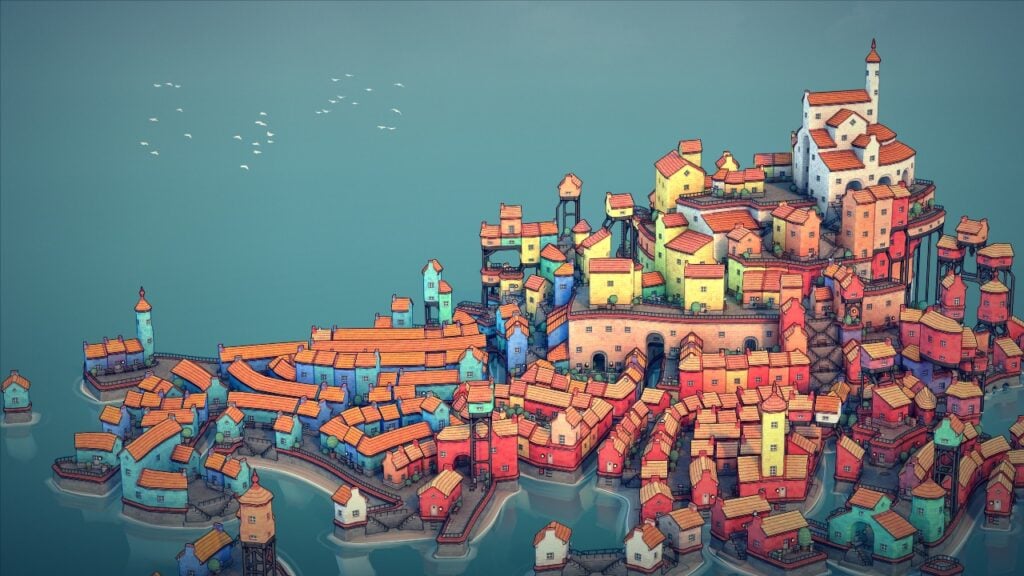 A picture from the game Townscaper, featuring a tightly knit city sitting next to the oceon.