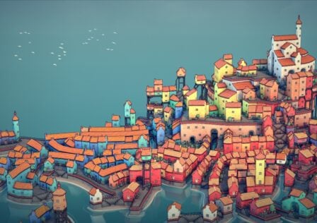 The featured image for our best Android casual games list, featuring the game Twonscaper. The image itself features an overlook of a tightly knit town located by the sea.