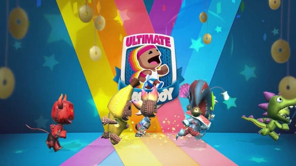 The featured image for our Ultimate Sackboy Release Date article, featuring Sackboy characters running in a line from left to right. The room is colourful, but mostly blue.
