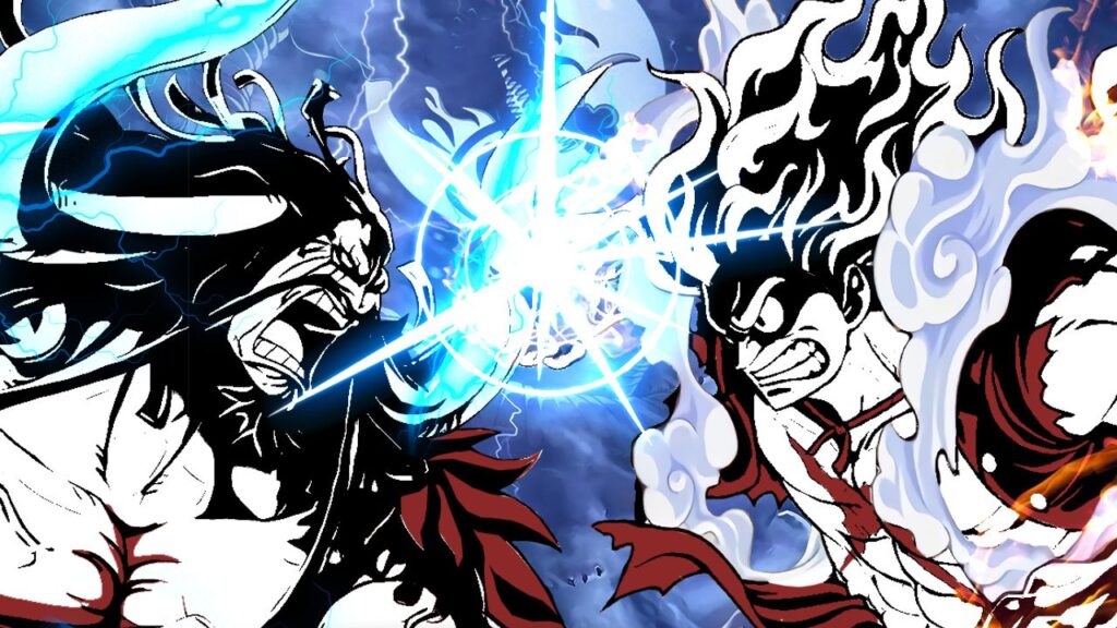 Feature image for our OP: Dream Sailor reroll guide. It shows two stylized renditions of One Piece characters facing each other, with blue fire between them.