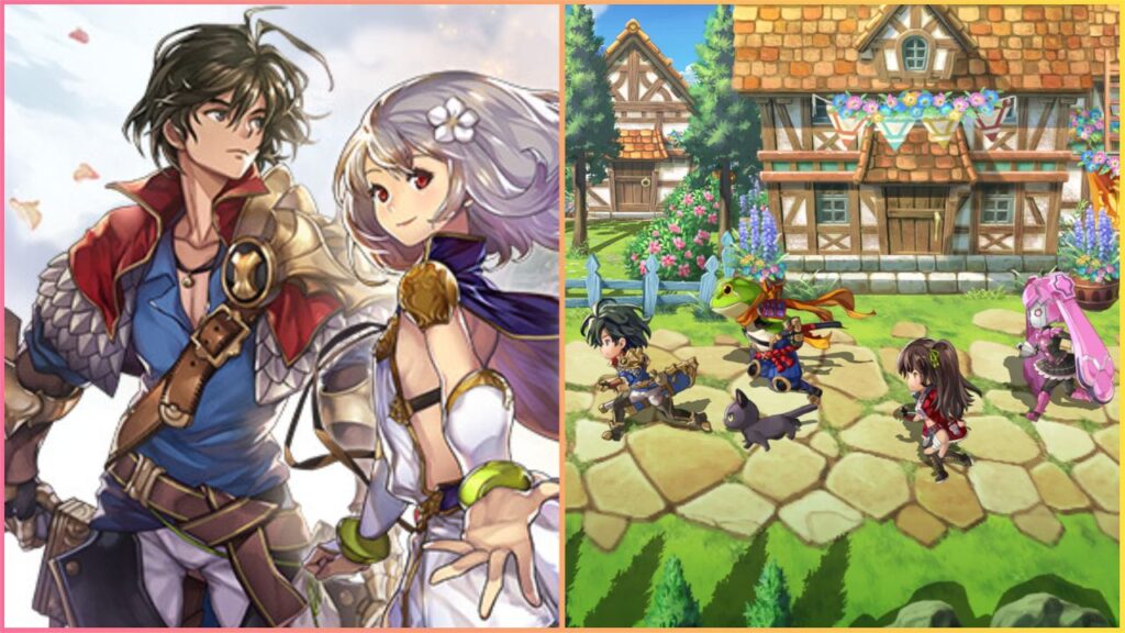 feature image for our another eden main story part 3 news article, the image features promo art of two characters from the game, as well as a screenshot of a party of characters heading to the left in a town with a frog and a cat