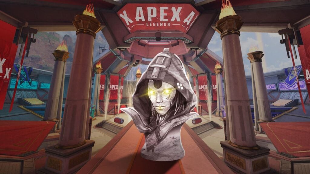 Feature image for our Apex Legends Mobile news. It shows a hallway with a marble bust of character Ash.