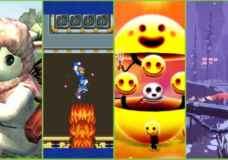 Feature image for our best new Android games this week feature. It shows an AVARS character in a sheep costume, Megaman jumping over a flame jet, some Happy Game characters with smiley faces, and the vixen from Endling carrying a cub over a narrow walkway in the snow.