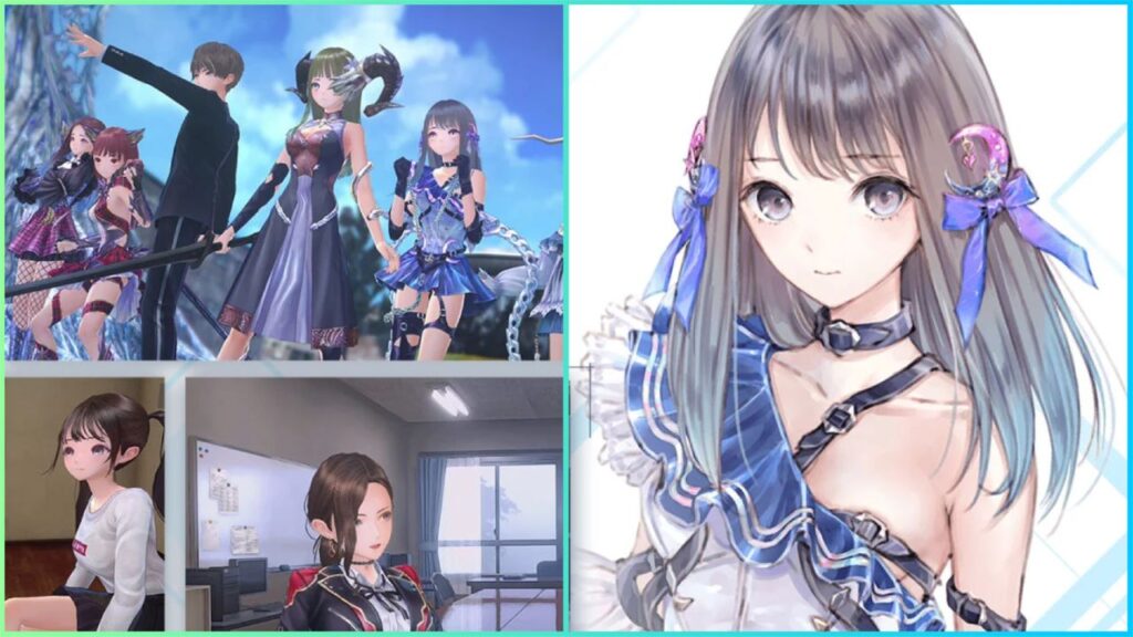 feature image for our blue reflection sun pre-download news article, the image features promo art of a character, as well as promo screenshots from the game of characters relaxing and characters that are about to go into battle