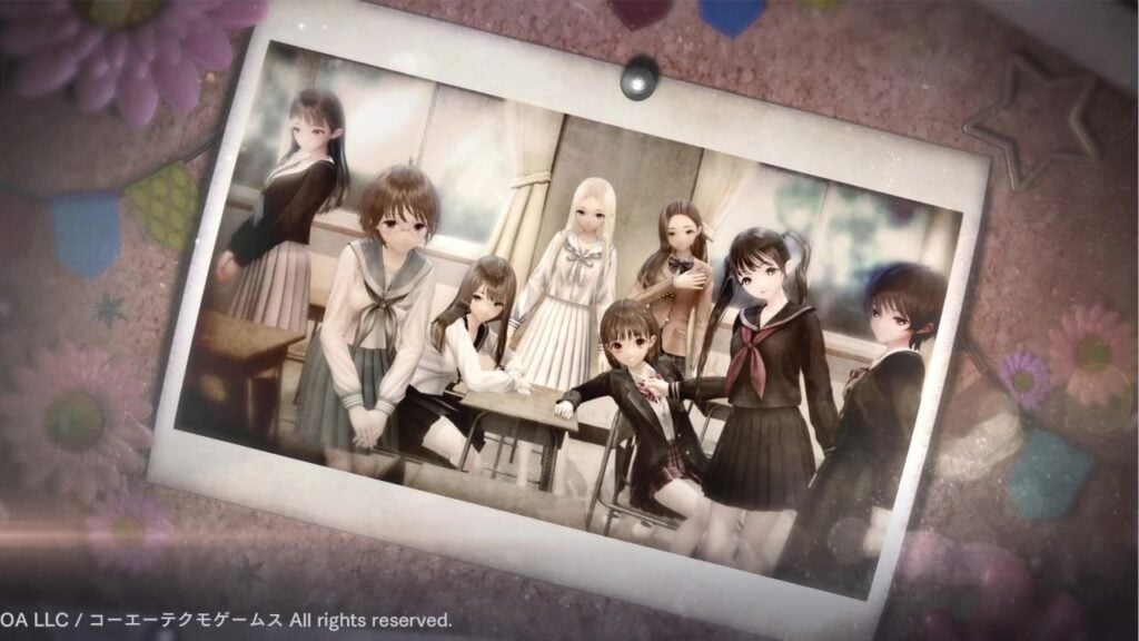 Feature image for our Blue Reflection Sun reroll guide. It shows a polaroid photograph it the cast of characters from the game posing in a classroom.