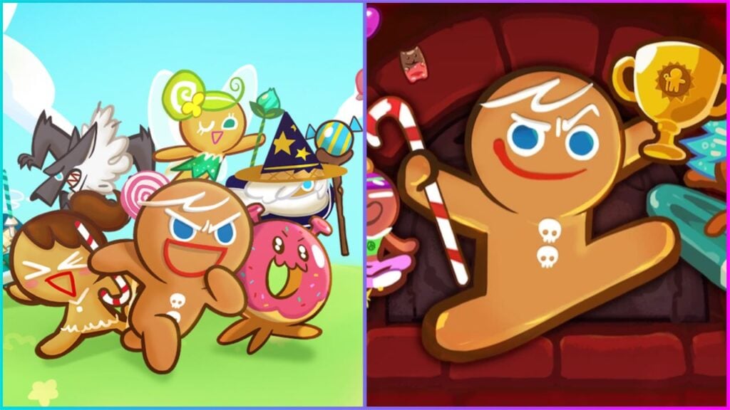feature image for our cookie run ovenbreak news piece, the image features 2 pieces of promo art for the game with a variety of cookie people, with one looking like a wizard, a donut, a fairy, and there's also a wolf