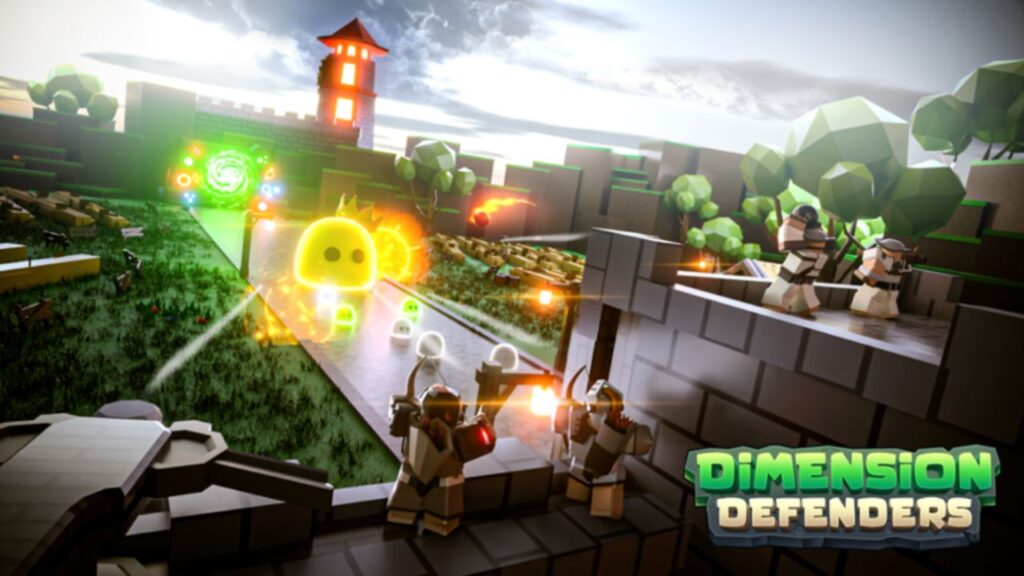 Feature image for our Dimension Defenders codes guide. It shows a castle rampart with archers firing on slime enemies that are advancing towards it.