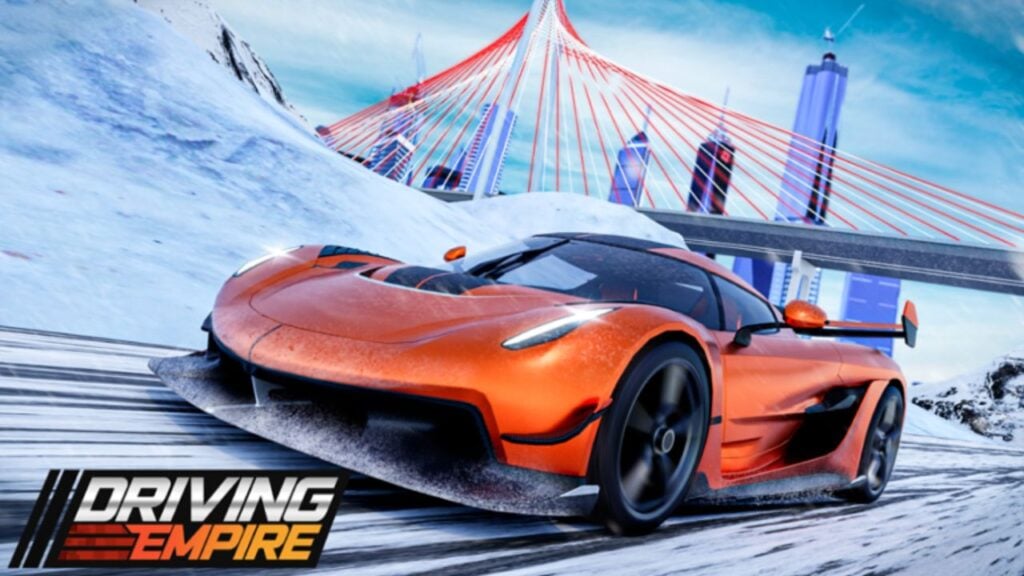 Feature image for our Driving Empire codes guide. It shows a sports car driving through a snowy landscape.