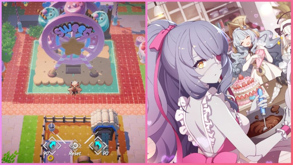 feature image for our eversoul valentines event news piece, the image features promo art for the event including jacqueline in a maid outfit and other characters in the background with cake, there is also a screenshot of the town gameplay as the player places valentines themed buildings such as a ferris wheel