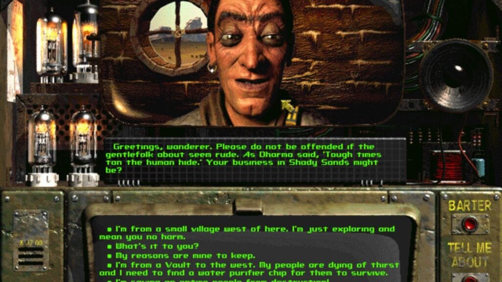 Feature image for our Fallout Android news piece. It shows dialogue with a character, a man with dark hair and tanned skin on a screen with a brick wall behind him.