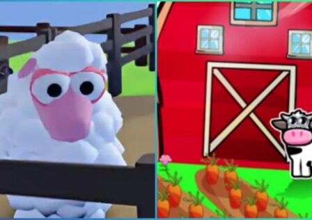 feature image for our farm factory tycoon codes guide, the image features a model of a sheel from the game as well as promo art of a barn with a drawing of a cow outside by the crops