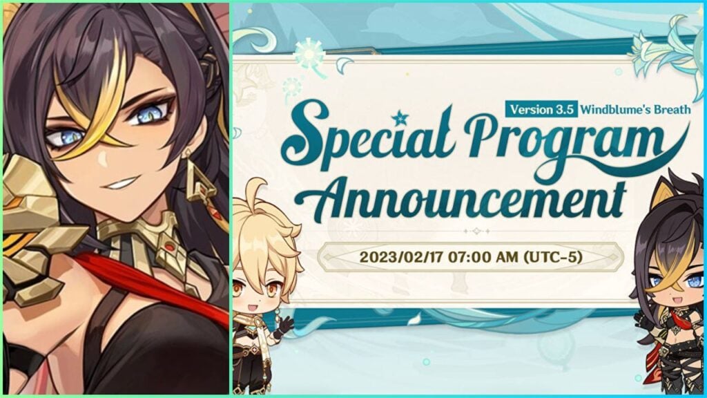 feature image for our genshin impact 3.5 livestream news, the image feaures promo art for the character dehya as well as a promo photo for the 3.5 livestream featuring the date and time as well as small versions of the characters dehya and aether