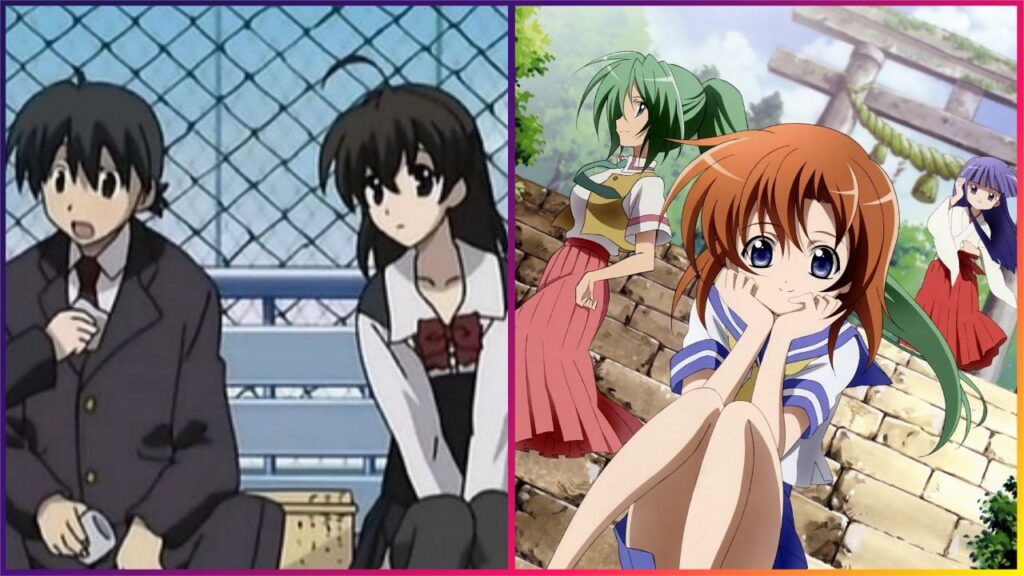 feature image for our higurashi mei school days collab news article, the image features promo art for the higurashi series including 3 of the main characters, as well as a screenshot of 2 of the main characters from school days as they sit on a bench