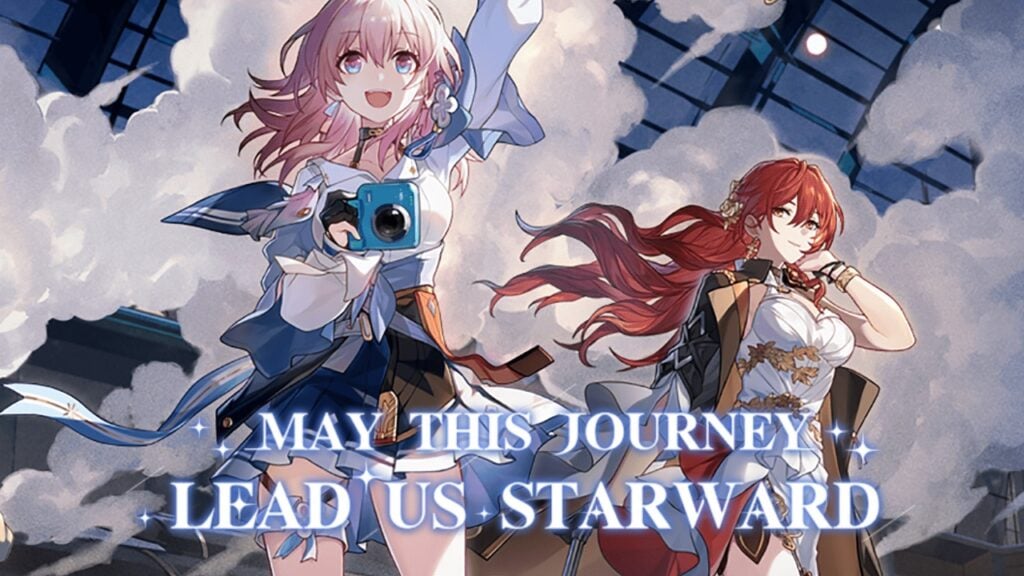 The featured image for our Honkai Star Rail closed beta article, featuring two characters from the game cheering. One holds a camera and has her arm in the air, whilst the other just stares into the distance.