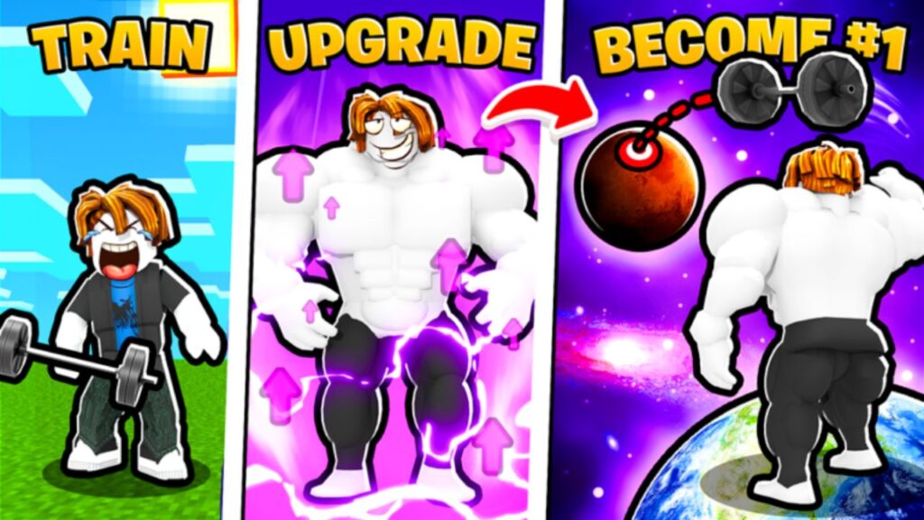 Feature image for our How Far Can You Throw codes guide. It shows three Roblox characters, one small struggling to lift a dumbell, one with big muscles, and a third having thrown the dumbell at the moon.