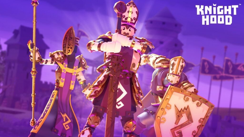 Featured image for our Best Android Game Updates this week, featuring three knights standing defensively, looking towards the camera. They hold their swords, ready for an attack. The background of the image is a purple gradient.