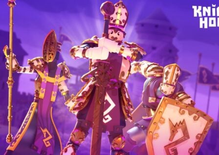 Featured image for our Best Android Game Updates this week, featuring three knights standing defensively, looking towards the camera. They hold their swords, ready for an attack. The background of the image is a purple gradient.