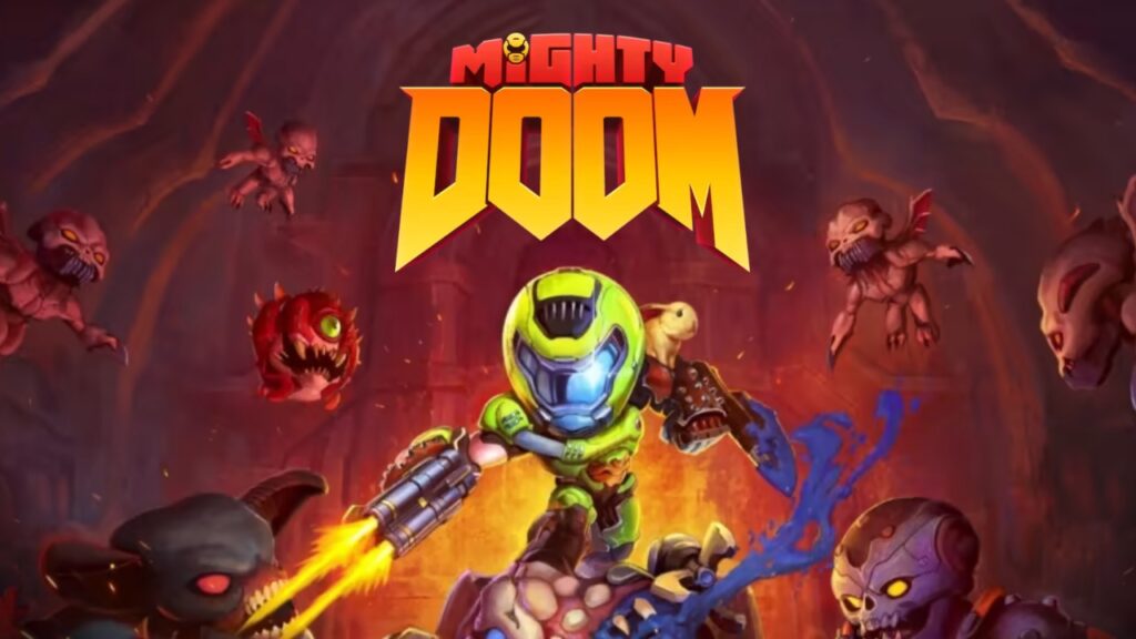 The featured image for our Mighty Doom Announcement article, featuring the Mini Slayer fighting off a bunch of demons and monsters.
