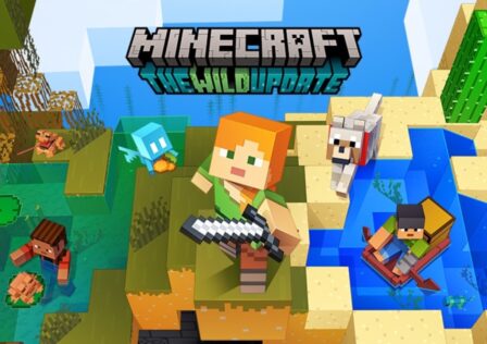 The featured image for our Minecraft Java Edition running on Android article, featuring a promotional image for the latest Minecraft update. The shot is a high angle shot, looking at a Minecraft character who raises her sword to the camera. She is standing in a swamp, and other Minecraft creatures, such as wolves and fish, surround her.