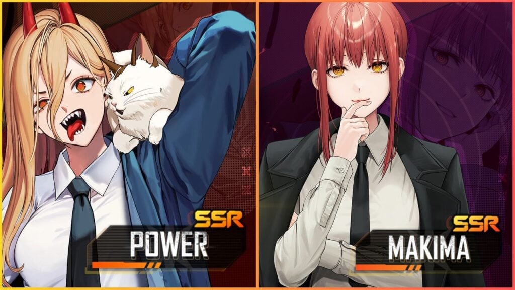 feature image for our nikke chainsaw man event news article, the image features promo art for the event of chainsaw man characters called makima and power who has a cat on her shoulder, there is also text of their names at the bottom as well as their character rarity which is SSR