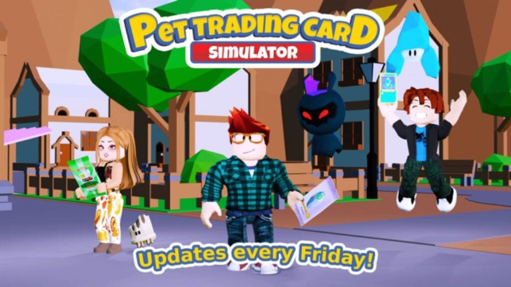 Feature image for our Pet Trading Card Simulator codes guide. It shows several Roblox characters standing in a town with pets and card packs.