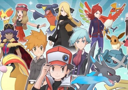 Feature image for our Pokémon Masters EX tier list. It shows several different trainers and Pokémon from various games and anime seasons.