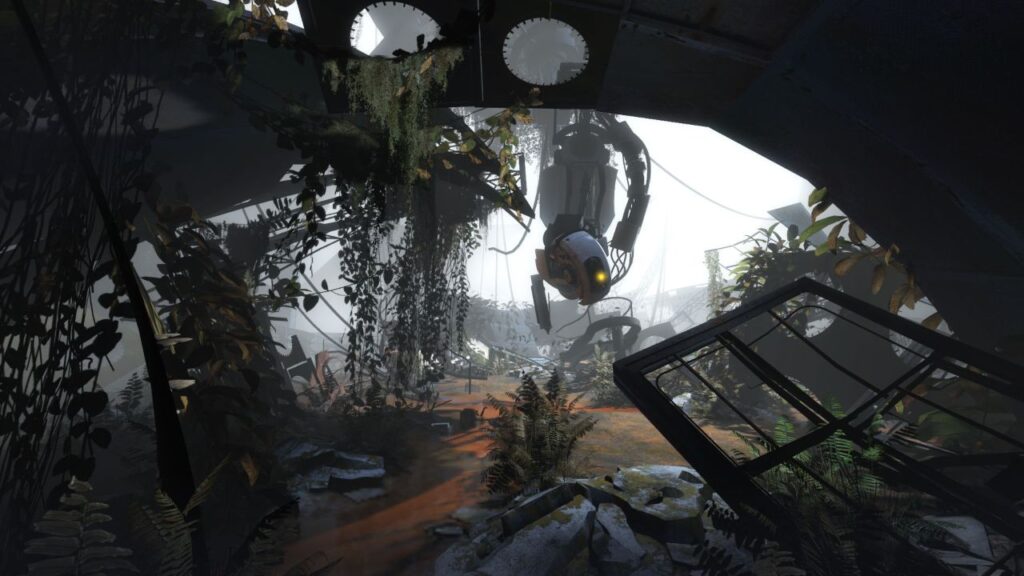 Feature image for our Portal Android gameplay news piece. It shows a screenshot from Portal 2 with GLaDOS' chamber overrun by vines and plants.