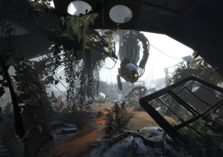 Feature image for our Portal Android gameplay news piece. It shows a screenshot from Portal 2 with GLaDOS' chamber overrun by vines and plants.