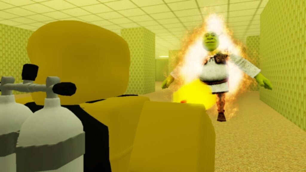 Feature image for our Shrek In The Backrooms codes guide. It shows a Roblox character firing a flamethrower at Shrek in a backrooms setting.