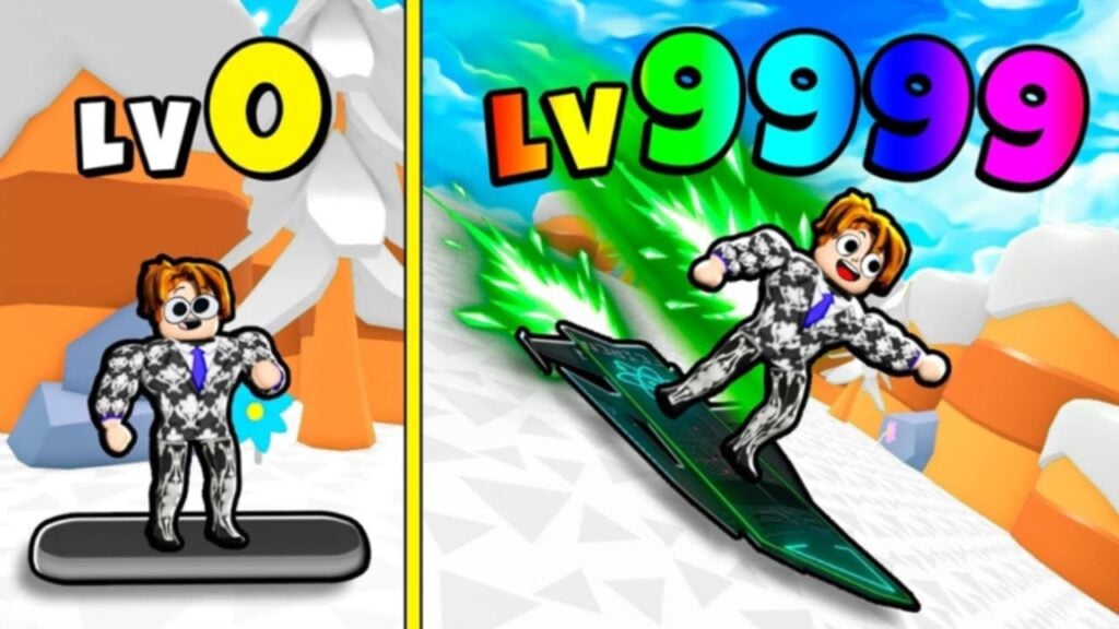 Feature image for our Ski Race codes guide. It shows one Roblox character with a simple snowboard, and another with a elaborate, jet-powered board.
