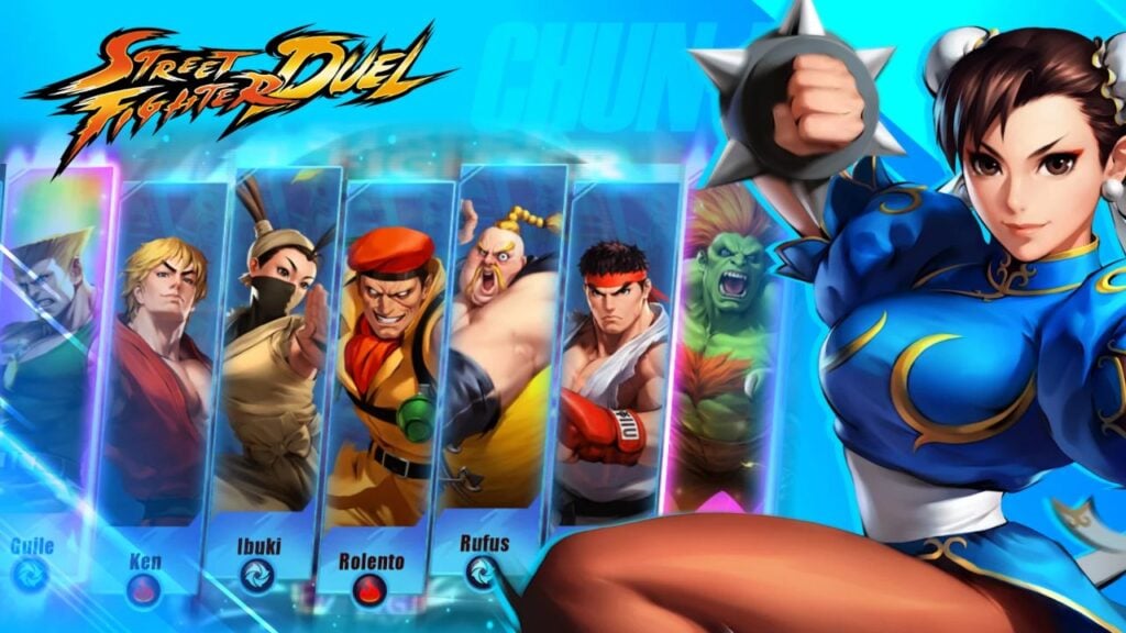 Feature image for our Street Fighter: Duel news piece. It shows the Street Fighter character Chun-Li, news to cards of numerous other characters from the game.