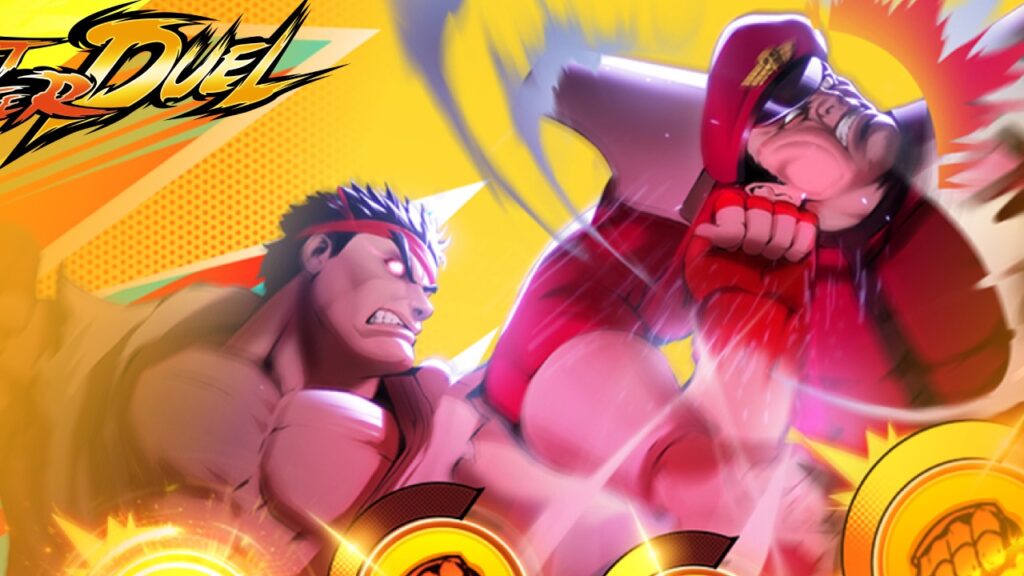 The featured image for our Street Fighter Duel Release article, featuring a Street Fighter character triumphantly punching another character from the game, infront of a yellow background.