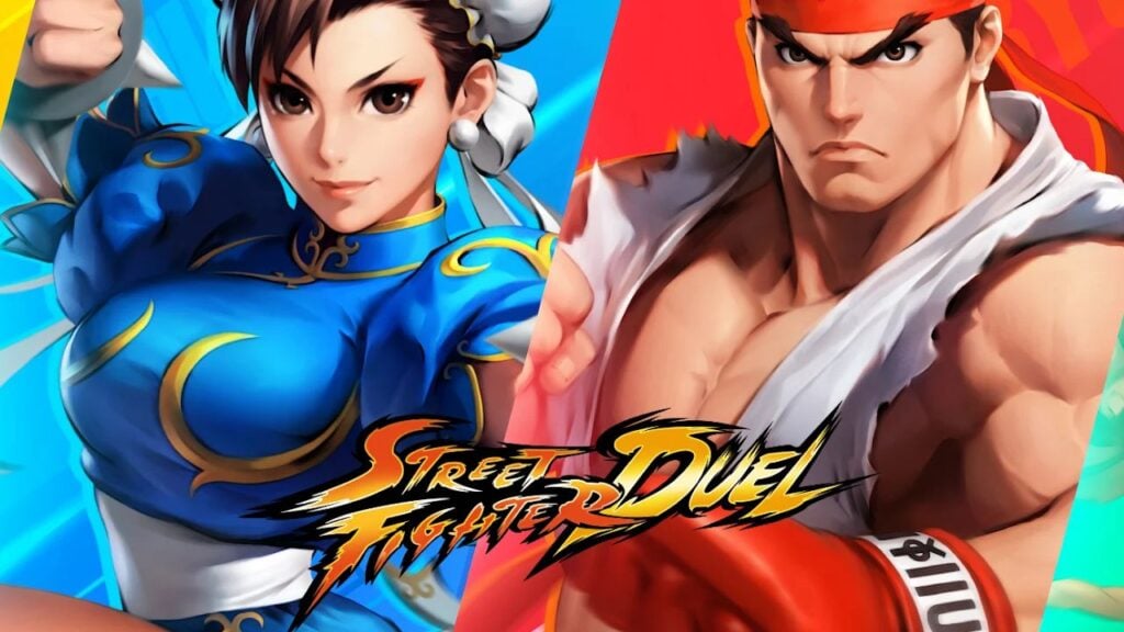 Feature image for our Street Fighter: Duel tier list. It shows the game's logo in front of art of Chun-Li and Ryu.