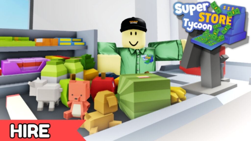 Feature image for our Super Store Tycoon codes guide. In the picture, a Roblox character sits at a cash register, with lots of grocery items in front of them.