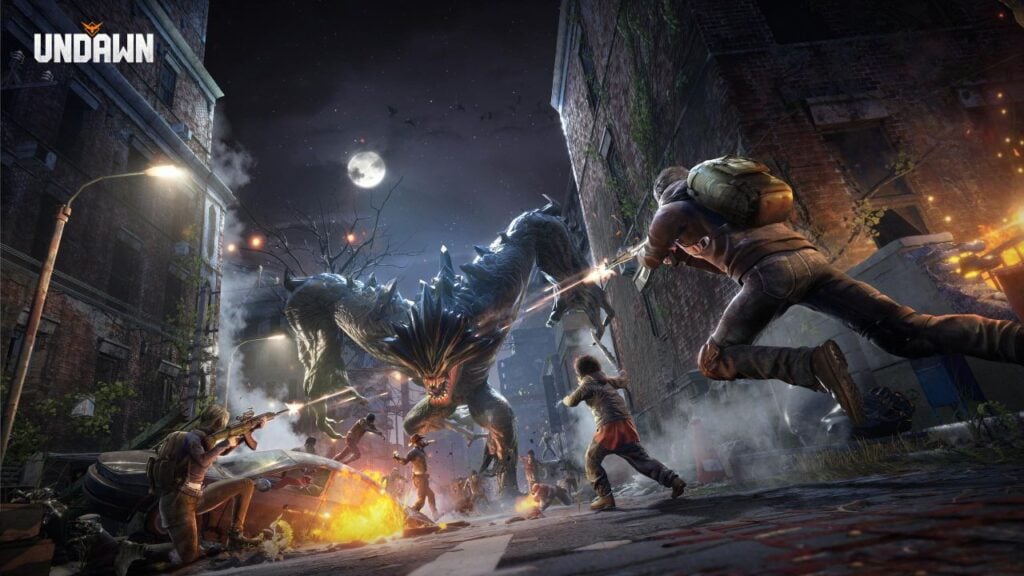 Feature image for our news piece on the Undawn closed beta. It shows several survivors fighting a huge infected creature in a ruined city street.