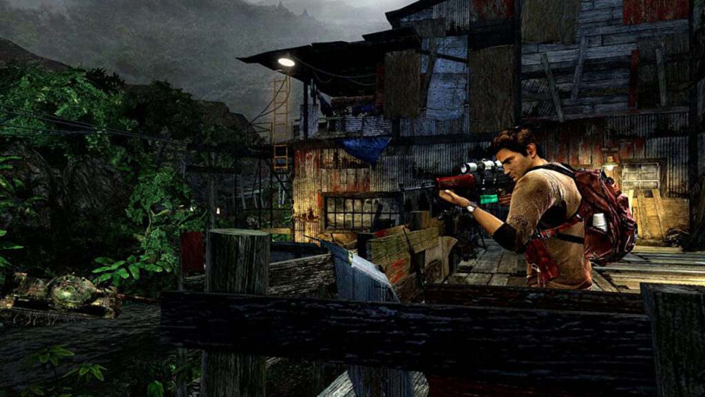 Nathan Drake lining up a shot in Uncharted: Golden Abyss, which runs on Vita3K.