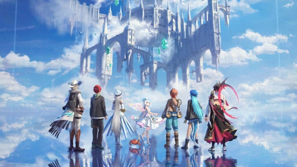 Feature image for our World II World codes guide. It shows the cast of characters stood on a reflective lake, looking up at a castle.
