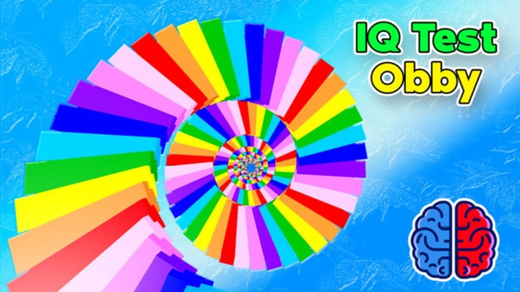 Feature image for our IQ Test Obby codes. It shows a rainbow spiraling staircase, and a brain icon. Text on the image reads 'IQ Test Obby'.