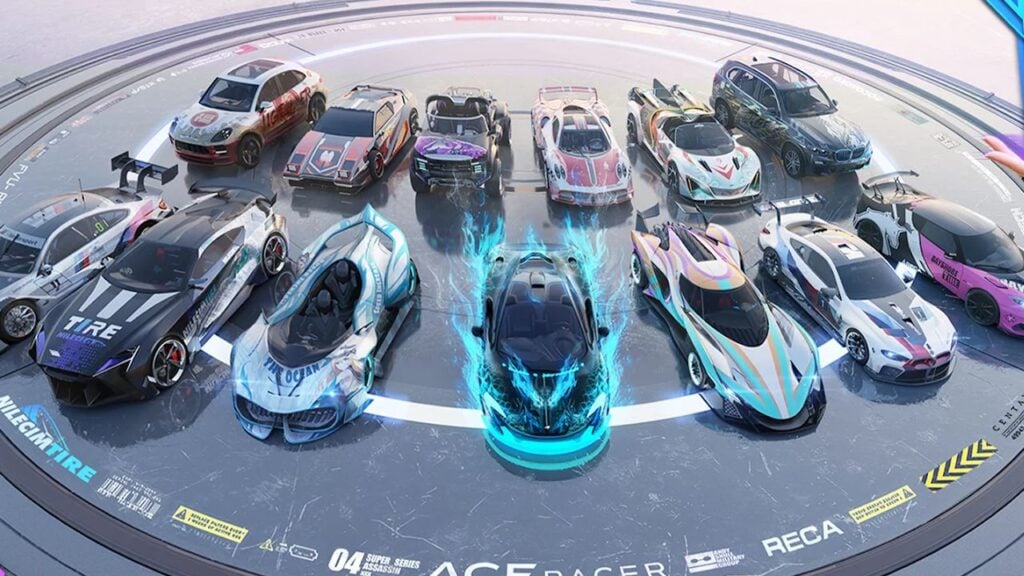 Feature image for our Ace Racer tier list. It shows a circular stand with a large range of player cars lined up on top of it.