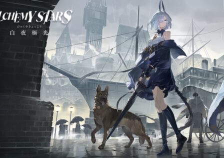 The featured image for our Alchemy Stars event extension article, featuring two characters from the game, as well as a dog, wondering cold, rainy streets.