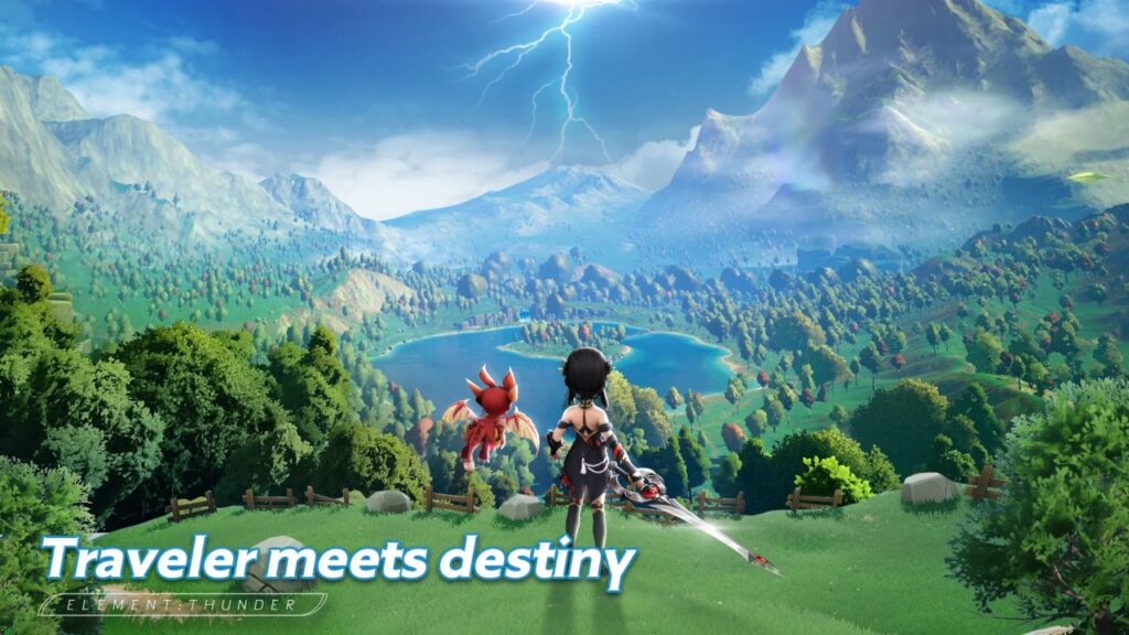 Feature image for our Avatars Saga codes guide. It shows a female character with a sword and a tiny flying red dragon stood on a hilltop over a wide green valley with a lake, and lightning in the sky on the horizon.